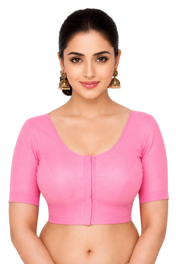 Bharatiya™ Premium Cotton Above Elbow Sleeve Indian Style Blouse (Size 34 to 56) | Baby Pink