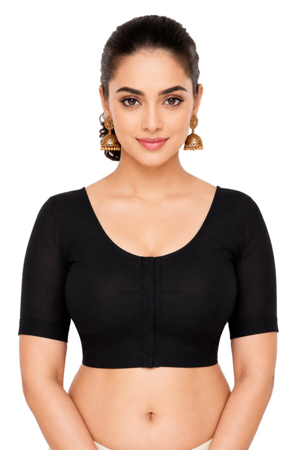 Bharatiya™ Premium Cotton Above Elbow Sleeve Indian Style Blouse (Size 34 to 56) | Black