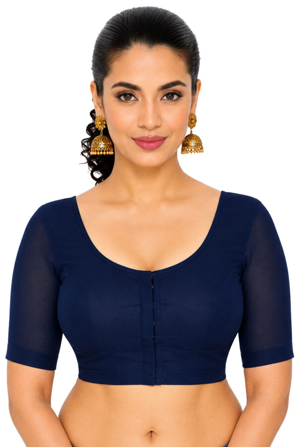 Bharatiya™ Premium Cotton Above Elbow Sleeve Indian Style Blouse (Size 34 to 56) | Navy Blue