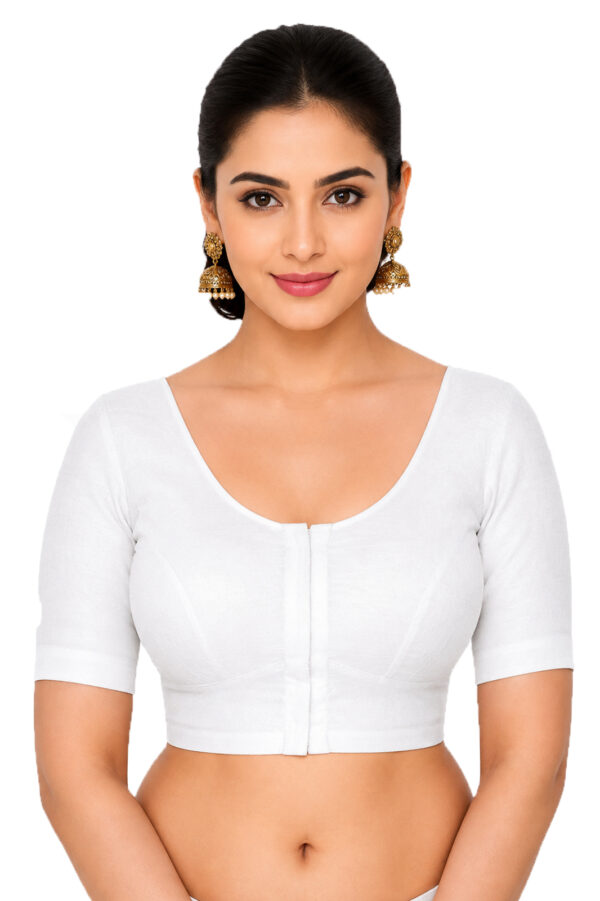 Bharatiya™ Premium Cotton Above Elbow Sleeve Indian Style Blouse (Size 34 to 56) | White