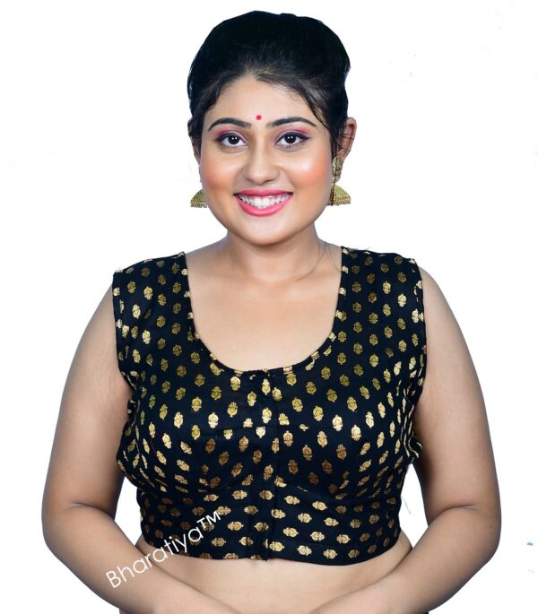Bharatiya™ Premium Cotton Brocade Sleeveless Indian Style Blouse (Size 34 to 56) | Black