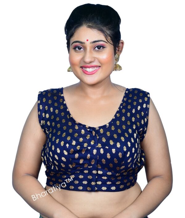 Bharatiya™ Premium Cotton Brocade Sleeveless Indian Style Blouse (Size 34 to 56) | Navy Blue