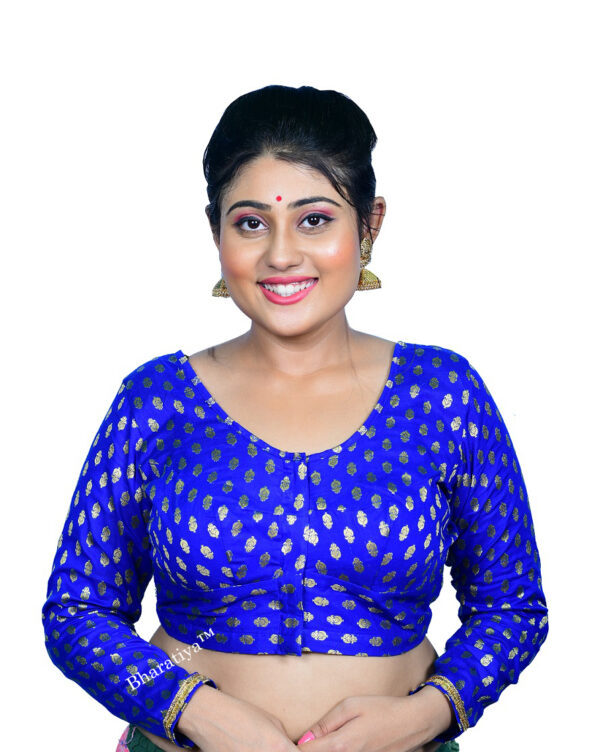 Bharatiya™ Premium Cotton Brocade Full Sleeve Indian Style Blouse (Size 34 to 56) | Royal Blue
