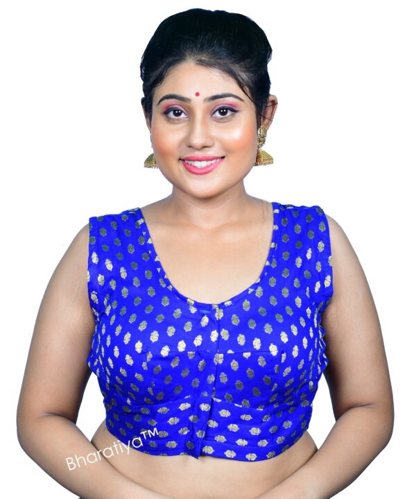 Bharatiya™ Premium Cotton Brocade Sleeveless Indian Style Blouse (Size 34 to 56) | Royal Blue