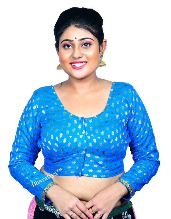 Bharatiya™ Premium Cotton Brocade Full Sleeve Indian Style Blouse (Size 34 to 56) | Sky Blue